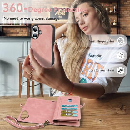 for Wallet Case Compatible with iPhone 17,Multi-Function Detachable 2 in 1 Magnetic iPhone 17 Case Wallet,Flip Strap Zipper Card Holder Phone Case with Shoulder Straps (Pink) - color: Pink, size: iPhone 17