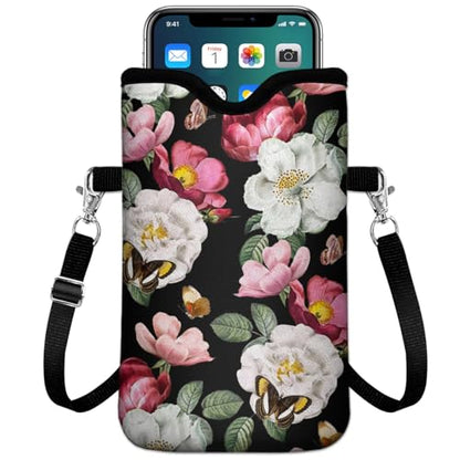 IRADA Neoprene Cell Phone Sleeve Pouch Case Bag with Crossbody Strap Neck Lanyard for Women Men 7.6 X 4.3 Inches-Black Floral Shockproof Universal Phone Bag - color: Black Floral-Phone Sleeve