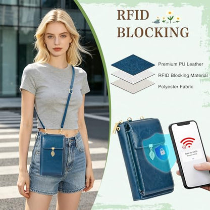HUANLANG Small Crossbody Phone Bags for Women Cell Phone Purse Wallet | Wallet with Phone Pouch, Small, Leather, Card Slots, RFID Blocking, Anti-theft, Multi Pockets, Detachable Adjustable Strap - color: A-blue