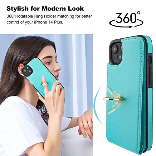 Folosu Compatible with iPhone 14 Plus Case Wallet with Card Holder, 360°Rotation Finger Ring Holder Kickstand, RFID Blocking Leather Protective Double Buttons Shockproof Cover 6.7 Inch Green - color: Mint Green, size: iPhone 14 Plus