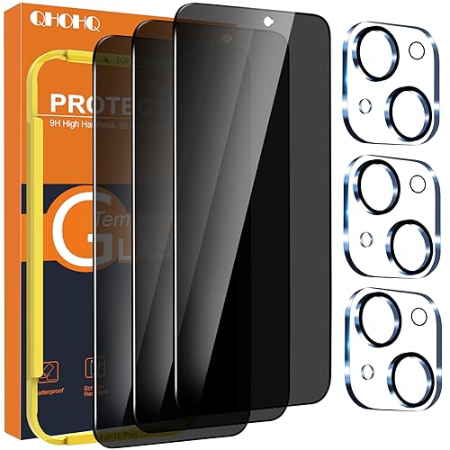 QHOHQ 3 Pack Privacy Screen Protector for iPhone 15 Plus [6.7 Inch] with 3 Pack Camera Lens Protector, Anti Spy Tempered Glass Film, 9H Hardness, HD, Bubble Free, Case Friendly - Black - size: iPhone 15 Plus 6.7 Inch