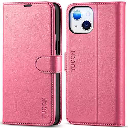 TUCCH Case Wallet for iPhone 13 (6.1") 2021, RFID Blocking Folio, Hot Pink | 3 Card Holders, Kickstand, PU Leather, Magnetic Closure, Shockproof TPU Shell, Protective Flip Cover - color: Hot Pink