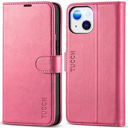TUCCH Case Wallet for iPhone 13 (6.1") 2021, RFID Blocking Folio, Hot Pink | 3 Card Holders, Kickstand, PU Leather, Magnetic Closure, Shockproof TPU Shell, Protective Flip Cover - color: Hot Pink