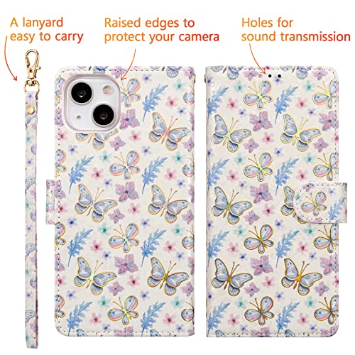 UEEBAI Wallet Case for iPhone 13, PU Leather Phone Cover Kickstand RFID Blocking Flip Case Card Slots Wrist Strap Relief Engraved Pattern Magnetic Closure Flower Folio Wallet, Butterfly - color: Butterfly, size: iPhone 13