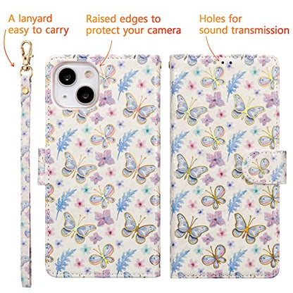 UEEBAI Wallet Case for iPhone 13, PU Leather Phone Cover Kickstand RFID Blocking Flip Case Card Slots Wrist Strap Relief Engraved Pattern Magnetic Closure Flower Folio Wallet, Butterfly - color: Butterfly, size: iPhone 13