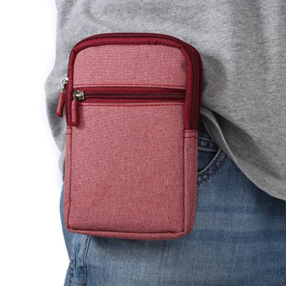 Men's Cell Phone Waist Bag Vertical, Cellphone Belt Loop Holster, Outdoor Sport Travel Nylon Small Mobile Phone Pouch Smartphone Waist Bag with Carabiner Hook Pen Holder Zipper Handbag Carrying Case - color: Wine Red