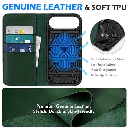 SHIELDON Genuine Leather Wallet Case for iPhone Air 6.5" 2025, Evergreen | RFID Blocking, Credit Card Holder, Magnetic Closure, Kickstand, Folio Design, Shockproof Phone Cover - color: Evergreen