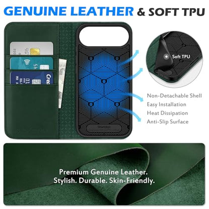 SHIELDON Genuine Leather Wallet Case for iPhone Air 6.5" 2025, Evergreen | RFID Blocking, Credit Card Holder, Magnetic Closure, Kickstand, Folio Design, Shockproof Phone Cover - color: Evergreen
