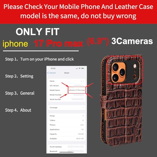 Leather Case Compatible with iPhone 17 Pro Max Wallet 6.9" | Genuine Leather 2-in-1 Magnetic Detachable Shockproof,Flip Folio Cover with Card Slot,Wireless Charging RFID Blocking,Brown - color: Brownness, size: 6.9”-17 Pro Max