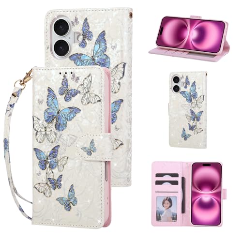 UEEBAI Wallet Case for iPhone 17, PU Leather Phone Cover Kickstand RFID Blocking Flip Case Card Slots Wrist Strap Relief Engraved Pattern Magnetic Closure Flower Folio Wallet, Blue Butterfly - color: Blue Butterfly, size: iPhone 17