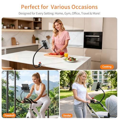 Gooseneck Tablet Holder, 19.69" Metal Crab Clamp iPad/iPhone Mount for Stroller/Treadmill/Golf Cart/Boat/Mic Stand/Gym Bicycle Handlebar Clamp/Desk, Compatible with 4-13" iPad Pro/Air/Mini/E-book