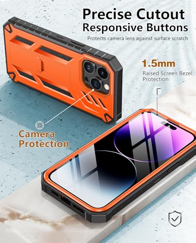 FNTCASE for iPhone 14 Pro Max Case, Built-in Screen Protector, Kickstand | 20FT Military-Grade Drop Protection, Anti-Slip Matte Textured, Rugged Heavy Duty Shockproof TPU Protective Cover - color: Orange