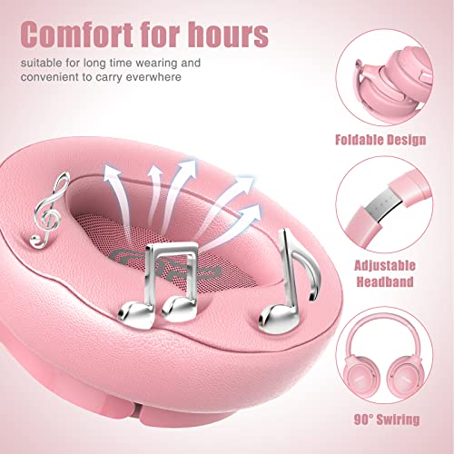 BERIBES Bluetooth Headphones Over Ear Wireless HiFi Stereo Headsets 65H 6EQ - color: Pink