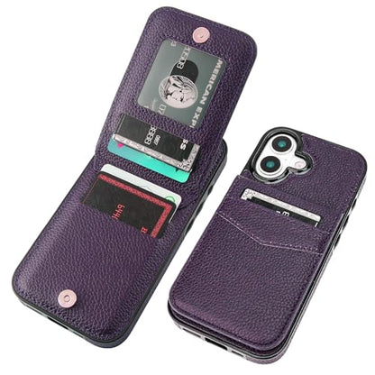 KIHUWEY for iPhone 17 Wallet Case Card Holder Kickstand, Lichee Dark Purple | Credit Card Slots, PU Leather, Magnetic Clasp, Flip Heavy Duty Protection Cover for Men and Women - color: Lichee Dark Purple