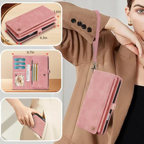 for Wallet Case Compatible with iPhone 17,Multi-Function Detachable 2 in 1 Magnetic iPhone 17 Case Wallet,Flip Strap Zipper Card Holder Phone Case with Shoulder Straps (Pink) - color: Pink, size: iPhone 17