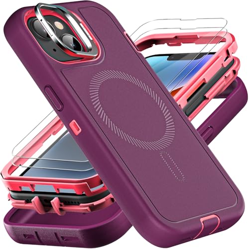 YKHJKLEC for iPhone 13/14 Case, Military Grade 3 in 1 Heavy Duty Shockproof/Drop Proof/Dust Proof with Kickstand Case, with 2 x Tempered Glass Screen Protector (ZJ-Purple/Pink) - color: ZJ-Purple/Pink