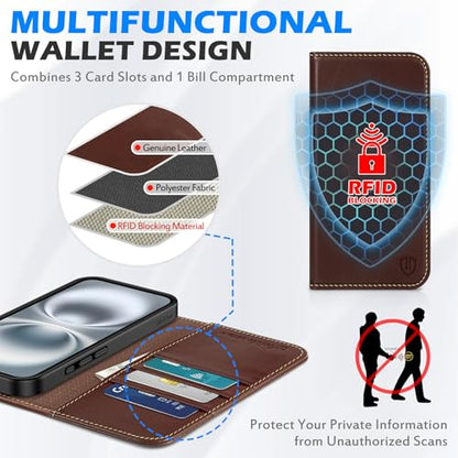 SHIELDON Genuine Leather Flip Wallet Case for iPhone 16 6.1", Retro Coffee | RFID Blocking, Credit Card Holder, Magnetic Closure, Kickstand, Folio Design, Soft Shock-Absorbent Phone Cover - color: Retro Coffee