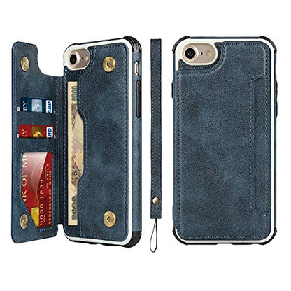 iCoverCase Compatible with iPhone SE(2022)/SE(2020)/7/8/6/6s Wallet Case with Card Slots Holder and Wrist Strap Premium PU Leather Kickstand Magnetic Clasp Shockproof Flip Cover Case (Blue) - color: Blue