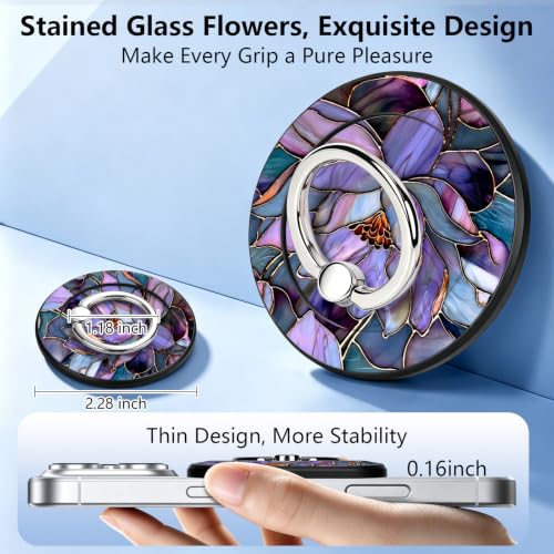 Magnetic Phone Ring Holder with MagSafe, 360° Rotation Super Magnet Finger Grip Removable Kickstand, Cute Stained Glass Floral Designed Stand for iPhone 17 16 15 14 13 12 Pro Max Plus, Lotus - color: Lotus