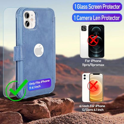 VANAVAGY Wallet Case for iPhone 11 6.1 inch, Blue | 12ft Drop-proof Cover for Women Men, Silm PU Leather, RFID Blocking Card Holder, Wrist Strap, Screen Protector - color: Blue