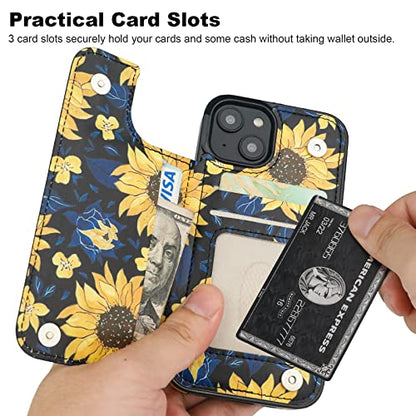 HAOPINSH for iPhone 14 Wallet Case with Card Holder, Blooming Sunflowers Pattern Back Flip Folio PU Leather Kickstand Card Slots Case for Women Girls, Double Magnetic Clasp Shockproof Cover 6.1" - color: Blooming Sunflowers
