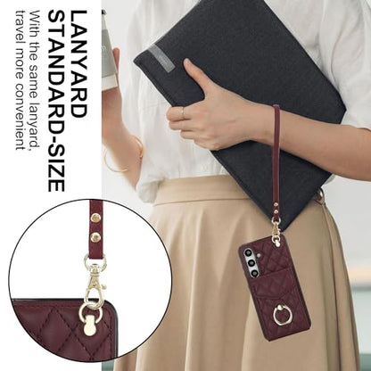 Asuwish Phone Case for Samsung Galaxy S24 5G Wallet Cover with Tempered Glass Screen Protector and Crossbody Wrist Strap Ring RFID Blocking Credit Card Holder Cell S 24 24S G5 Women Men Girls Wine Red - color: Red
