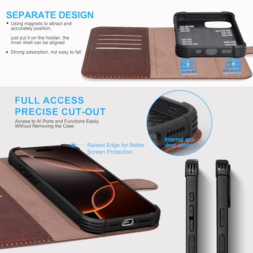 Genuine Leather Wallet Case for iPhone 15 Pro Max, Dark Brown | Magnetic Detachable, 2-in-1 Flip Folio, RFID Blocking, Wireless Charging - color: Dark Brown, size: 15 Pro Max 6.7‘’