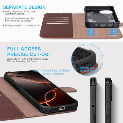 Genuine Leather Wallet Case for iPhone 15 Pro Max, Dark Brown | Magnetic Detachable, 2-in-1 Flip Folio, RFID Blocking, Wireless Charging - color: Dark Brown, size: 15 Pro Max 6.7‘’