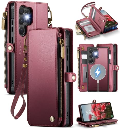 Defencase for Galaxy S24 Ultra Case Wallet Compatible with Magsafe, WineRed | Magnetic Detachable, RFID Bolcking Card Holder, Zipper Strap, PU Leather Drop-Proof Phone Cover for Samsung Galaxy S24 Ultra - color: (Detachable with Magsafe)-Wine Red