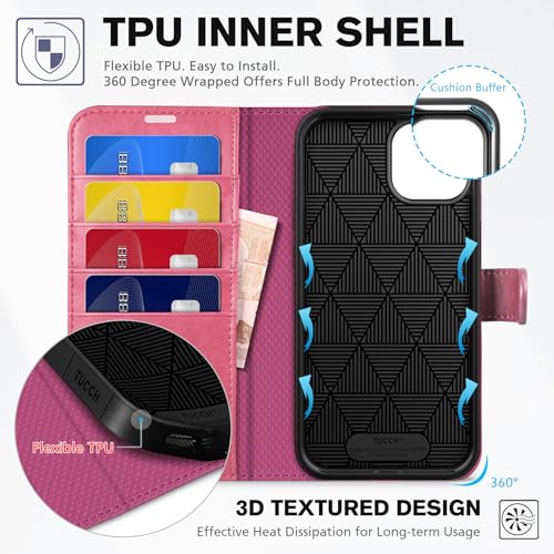 TUCCH Case Wallet for iPhone 14 (6.1") 2022, RFID Blocking Folio, Hot Pink | 4 Card Holders, Kickstand, PU Leather, Magnetic Closure, Shockproof TPU Shell, Protective Flip Cover - color: Hot Pink