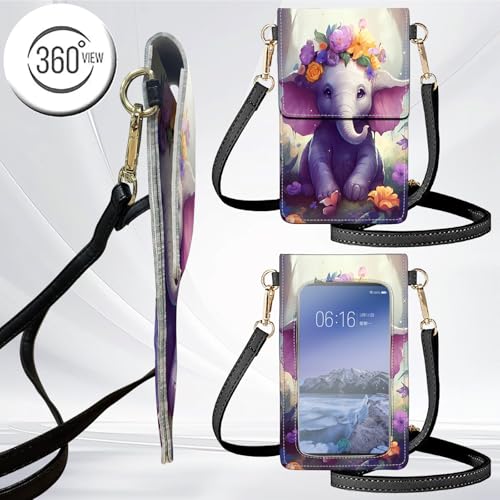 for Women Cell Phone Purse,with Touchscreen Cell Phone Purse,PU Leather Shoulder Bag Waterproof Phone Wallet Case with Clear Touch Screen Window up to 6.7 inch Smartphone, - color: Cute Elephant and Flowers-238
