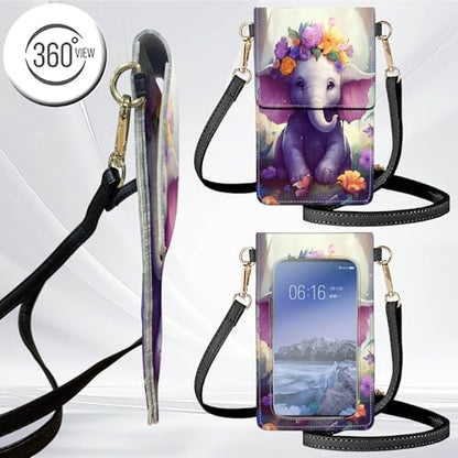 for Women Cell Phone Purse,with Touchscreen Cell Phone Purse,PU Leather Shoulder Bag Waterproof Phone Wallet Case with Clear Touch Screen Window up to 6.7 inch Smartphone, - color: Cute Elephant and Flowers-238