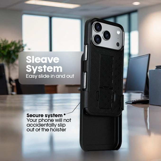 MOTIVE for iPhone 17 Pro Case with Belt Clip, Rigid, Kickstand | 6.3" | Ranger v1 Series, Black, 360° holster, open-top/open-bottom port access, textured grip, slim - size: iPhone 17 Pro