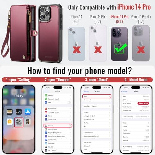Defencase for iPhone 14 Pro Case Wallet Compatible with Magsafe, Wine Red | Drop-Proof Magnetic Detachable Phone Cases Cover, with RFID Bolcking Card Holder, Zipper Strap, PU Leather, Removable Wallet - color: (Detachable with Magsafe)-Wine Red