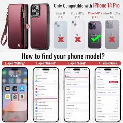 Defencase for iPhone 14 Pro Case Wallet Compatible with Magsafe, Wine Red | Drop-Proof Magnetic Detachable Phone Cases Cover, with RFID Bolcking Card Holder, Zipper Strap, PU Leather, Removable Wallet - color: (Detachable with Magsafe)-Wine Red