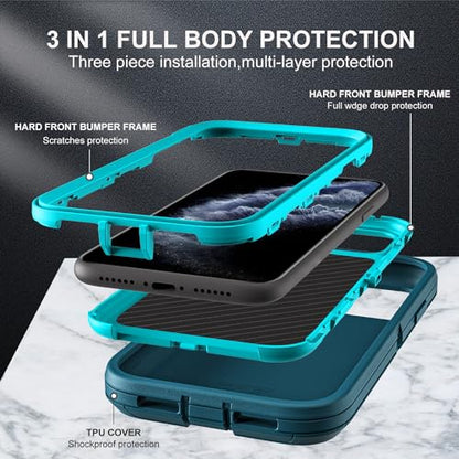 YKHJKLEC for iPhone 11 Pro Max Case, Military Grade 3 in 1 Heavy Duty Shockproof/Drop Proof/Dust Proof Case with 2Pcs Tempered Glass Screen Protector (Blue/Turquoise) - color: Blue/Turquoise