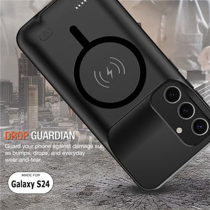 Wireless Charging Case for Galaxy S24, Upgraded 10000mAh Rechargeable Portable Charging Case Compatible with Galaxy S24 5G (6.2 inch) with Carplay Extended Battery Pack Charger Power Case (Black) - size: Galaxy S24