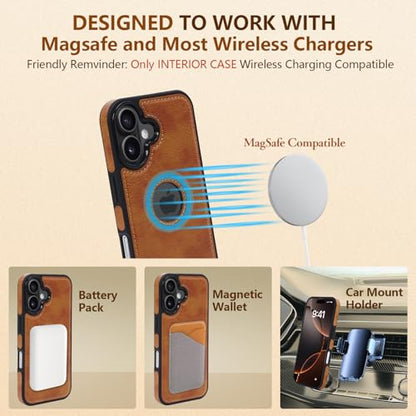 2 in 1 PU Leather for iPhone 16 Leather Case, Detachable Wallet Case with Card Holder, Removable Flip Folio Cover with RFID Blocking, Stand Shockproof Phone Cover（Compatible with MagSafe） Brown - color: Brown, size: Iphone 16