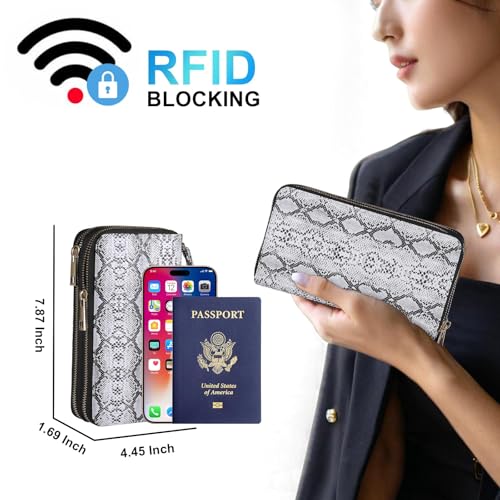 Double Zipper Wallet for Women That Hold Big Cell Phone with 17 Card Slots and Coin Pocket, RFID Blocking Anti Theft, Snakeskin - color: White Snakeskin