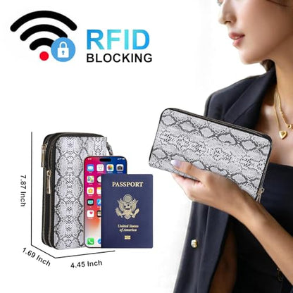 Double Zipper Wallet for Women That Hold Big Cell Phone with 17 Card Slots and Coin Pocket, RFID Blocking Anti Theft, Snakeskin - color: White Snakeskin