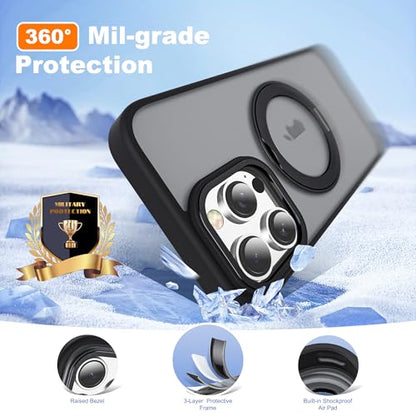 for iPhone 16 Pro Case with 360° Spin Magnetic Stand,Black | iPhone 16 Pro Phone Case 6.3",Spin Magnetic Ring Stand,Compatible with MagSafe,Military Protection,Translucent Matte - color: Black, size: iPhone 16 Pro