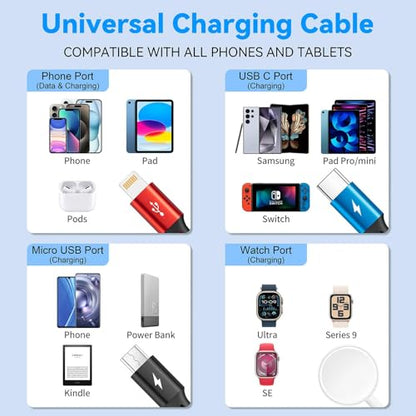 2026 Travel Essentials,Multi Charging Cable for Apple Watch Charger,6ft - color: Black-2Pack, size: 6Ft