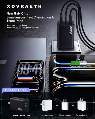 Super Fast 65W GaN USB-C 3-Port Foldable Charger for Samsung S26 Ultra/S26/S26+/S25 Ultra/S25/S24 Ultra/S24/S23 Ultra/S22 Ultra, iPhone 17/16/15/14/13/12, MacBook Pro/Air & iPad Pro - color: 4Black S
