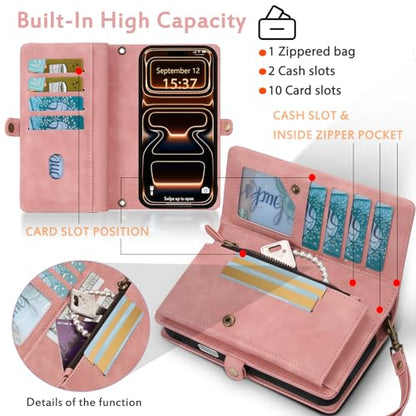 for Wallet Case Compatible with iPhone 17 Pro,Multi-Function Detachable 2 in 1 Magnetic iPhone 17 Pro Case Wallet,Flip Strap Zipper Card Holder Phone Case with Shoulder Straps (Pink) - color: Pink, size: iPhone 17 Pro