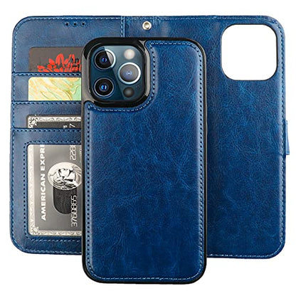 Bocasal Detachable Wallet Case Card Holder for iPhone 13 Pro Max Blue | RFID Blocking Kickstand Card Slots Holder PU Leather Magnetic Shockproof Wrist Strap Removable Flip Protective Cover 6.7 inch - color: Blue