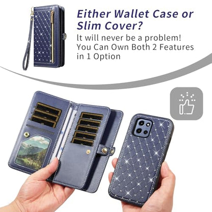 Phone Case for Motorola Moto G 5G 2025 Zipper Wallet Detachable Magnetic Cell Cover with Crossbody Lanyard Strap Bling Glitter Flip Credit Card Holder Slots G5G 5 G G5 Women Men Girls Dark Blue - color: Dark Blue