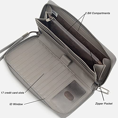 Bveyzi Women RFID Blocking Wallet Leather Zip Around Phone Clutch Large Capacity Ladies Travel Purse Wristlet - color: Grey