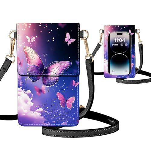 Small Crossbody Bags for Women Touchscreen Cell Phone Bag Cross Body Purses with adjustable Strap,Gifts For Teenage Girls - color: Purple Butterflies Blue Sky