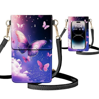 Small Crossbody Bags for Women Touchscreen Cell Phone Bag Cross Body Purses with adjustable Strap,Gifts For Teenage Girls - color: Purple Butterflies Blue Sky