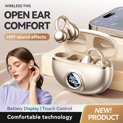 Clip on Earbuds for Small Ears & Glasses, Open Ear Bluetooth 5.4 Headphones with 40H Playtime & Digital Display, Sweatproof - color: Beige
